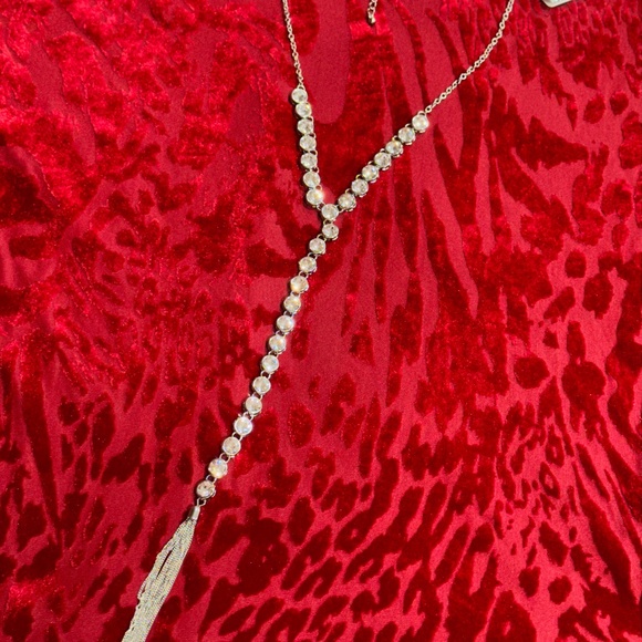 Silver Tone Clear Rhinestone Pendant Necklace with Tassle - Picture 3 of 16